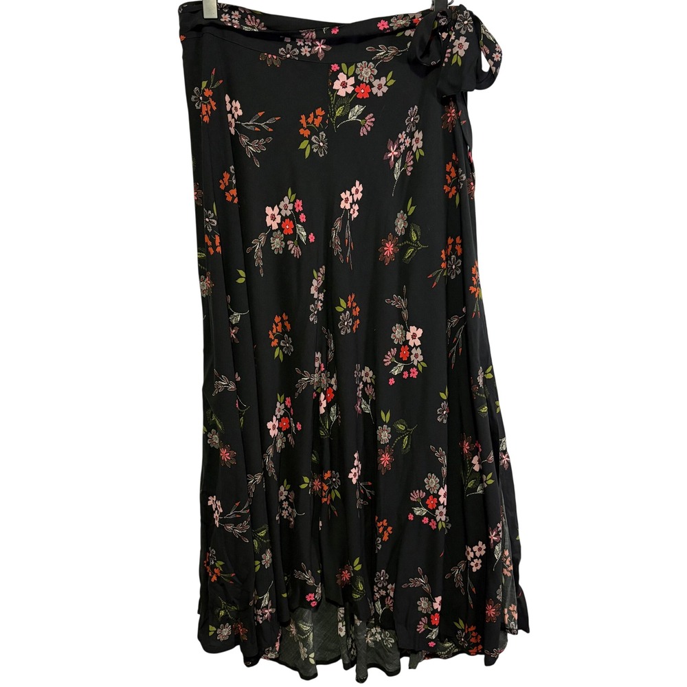Velvet by Graham & Spencer Black Floral High-Low Midi Skirt Size M Side Slit Tie